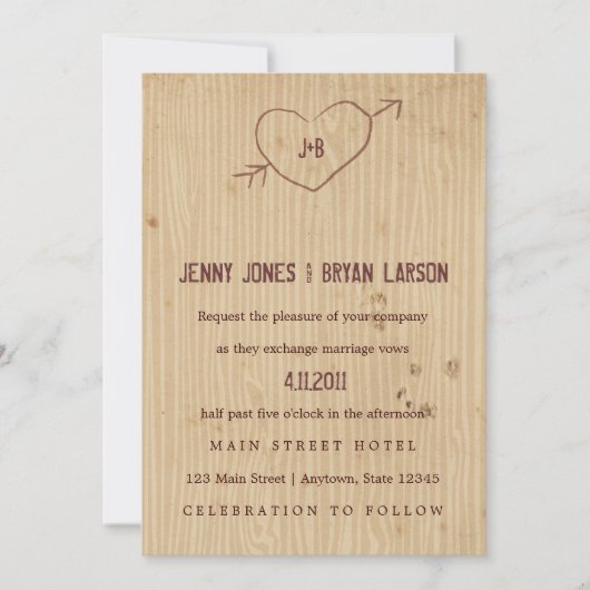 Woodgrain met Heart Wedding Invitation Kaart (Voorkant)