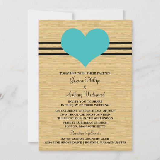 Woodgrain Mod Heart Wedding Invite, Aqua Kaart (Voorkant)