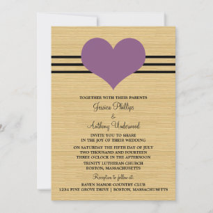 Woodgrain Mod Heart Wedding Invite, Paars Kaart
