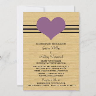 Woodgrain Mod Heart Wedding Invite, Paars Kaart