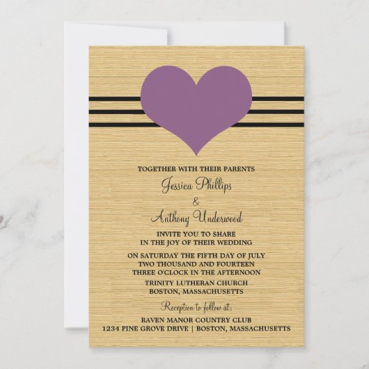 Woodgrain Mod Heart Wedding Invite, Paars Kaart (Voorkant)