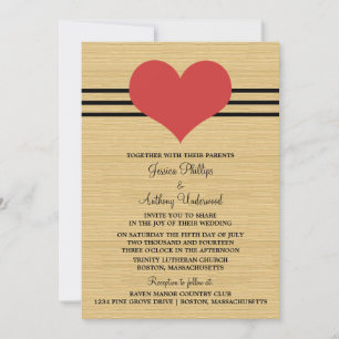 Woodgrain Mod Heart Wedding Invite, Red Kaart
