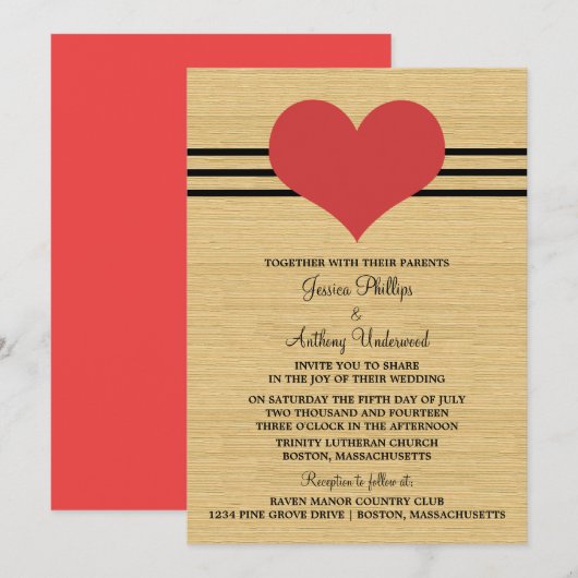 Woodgrain Mod Heart Wedding Invite, Red Kaart (Voorkant / Achterkant)