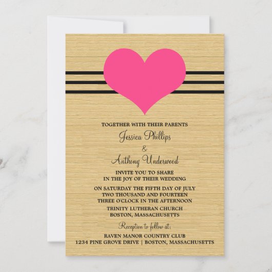 Woodgrain Mod Heart Wedding Invite, Roze Kaart (Voorkant)
