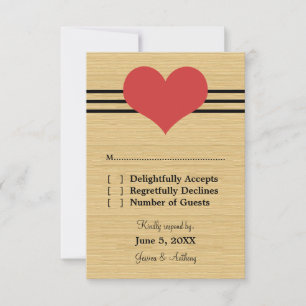 Woodgrain Mod Heart Wedding Response Kaart, Red RSVP Kaartje