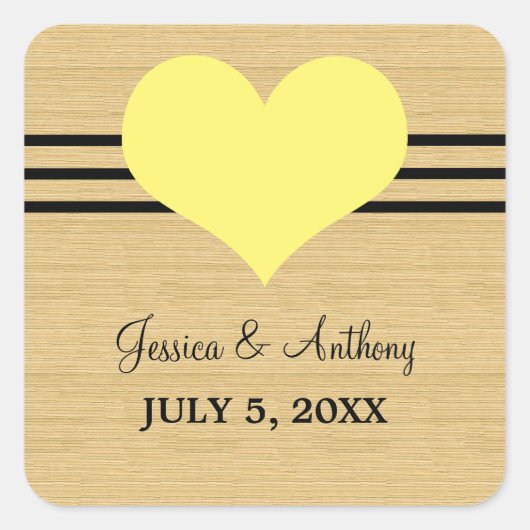 Woodgrain Mod Heart Wedding Stickers, Geel Vierkante Sticker (Voorkant)