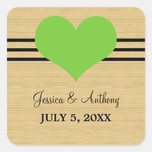 Woodgrain Mod Heart Wedding Stickers, Green Vierkante Sticker