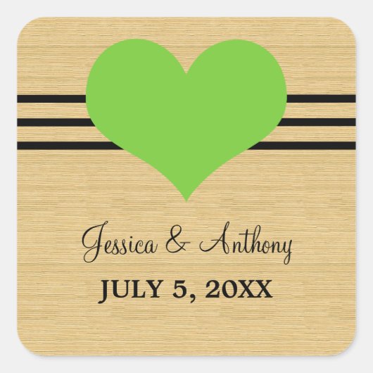 Woodgrain Mod Heart Wedding Stickers, Green Vierkante Sticker (Voorkant)