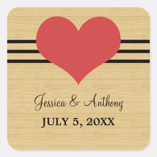 Woodgrain Mod Heart Wedding Stickers, Red Vierkante Sticker (Voorkant)