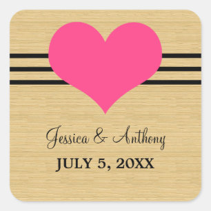 Woodgrain Mod Heart Wedding Stickers, Roze Vierkante Sticker