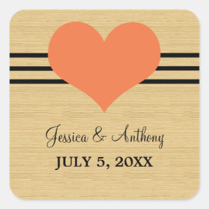 Woodgrain Mod Heart Wedding Stickers, Sinaasappel Vierkante Sticker