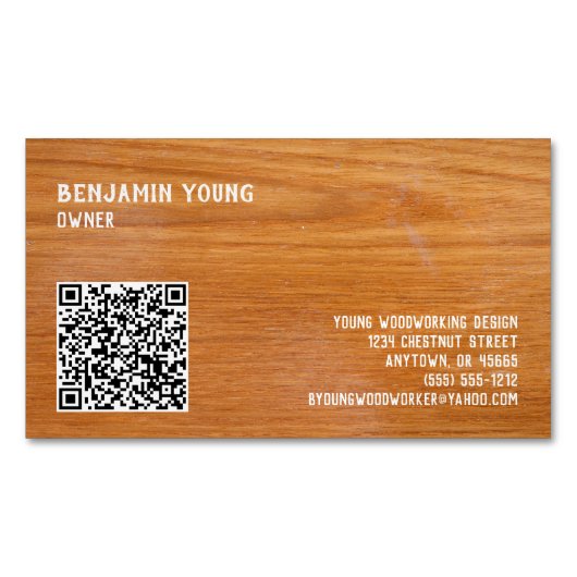 Woodgrain Oak Style Seven Line Custom QR Code Magnetisch Visitekaartje (Voorkant)