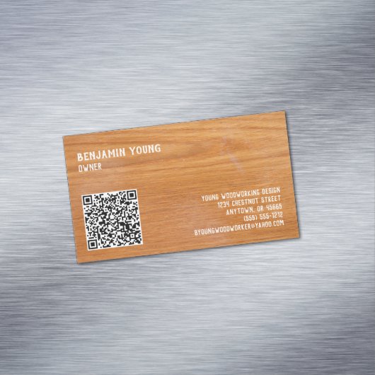 Woodgrain Oak Style Seven Line Custom QR Code Magnetisch Visitekaartje (Voorbeeld)