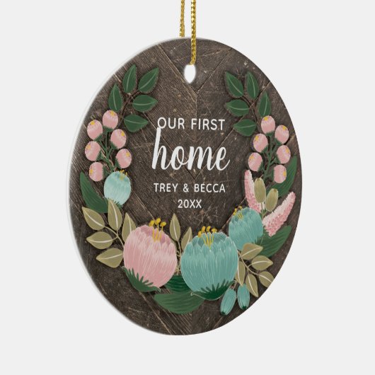 Woodgrain Our First Home Specialized Boho Florals Keramisch Ornament (Rechts)