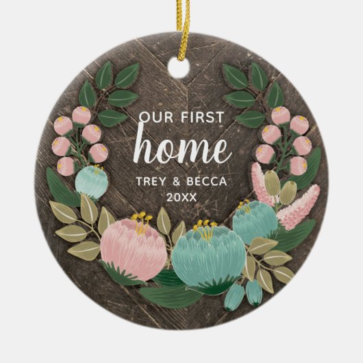Woodgrain Our First Home Specialized Boho Florals Keramisch Ornament (Voorkant)