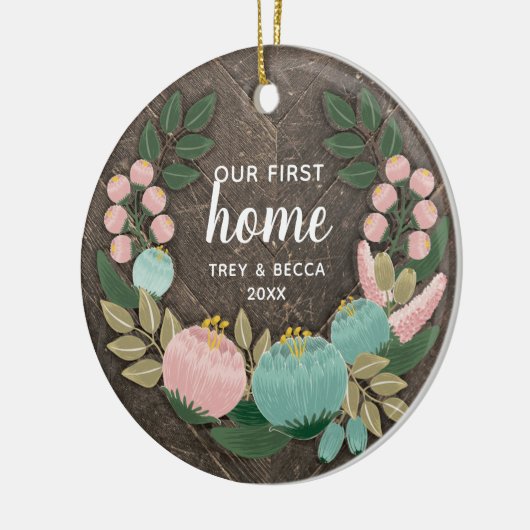Woodgrain Our First Home Specialized Boho Florals Keramisch Ornament (Links)