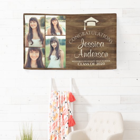 Woodgrain Rustic Wood Photo Template Afstuderen Spandoek (Insitu)