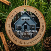 Woodgrain Slice eerste Kerstmis in ons nieuwe thui Keramisch Ornament