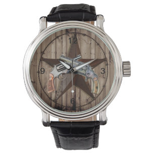 Woodgrain texas ster cowboy western land pistool horloge