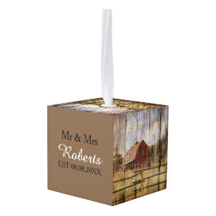 Woodgrain westerne land rode schuur bruiloft kubus ornament