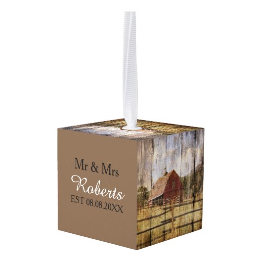 Woodgrain westerne land rode schuur bruiloft kubus ornament (Achter hoekig)