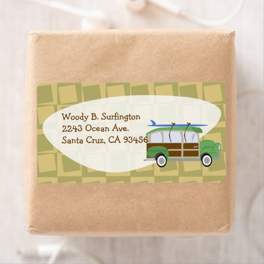 Woodie Wagon Fifties Surf Cartoon Fun Etiket (Insitu)
