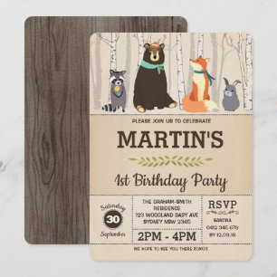 Woodland 1st Birthday Baby Animals Forest Party Kaart