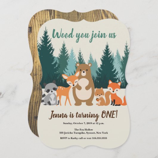 Woodland 1st Birthday Forest Animals Greenery Kaart (Voorkant / Achterkant)