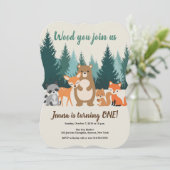 Woodland 1st Birthday Forest Animals Greenery Kaart (Staand voorkant)