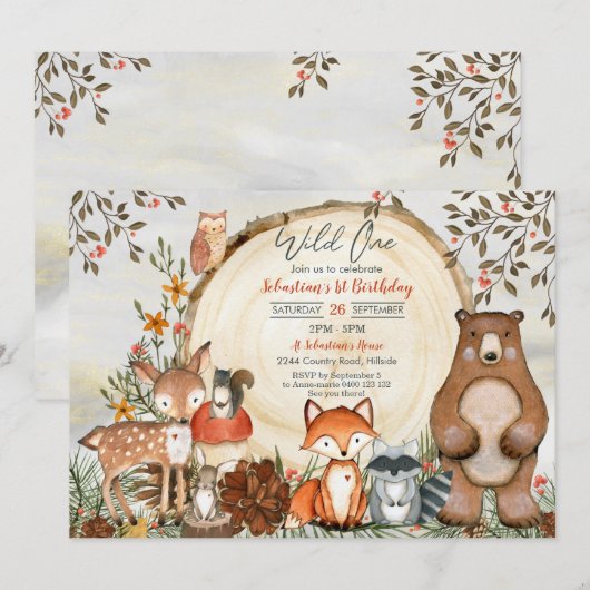 Woodland 1st Birthday Invitation Boy Wild One Kaart (Voorkant / Achterkant)