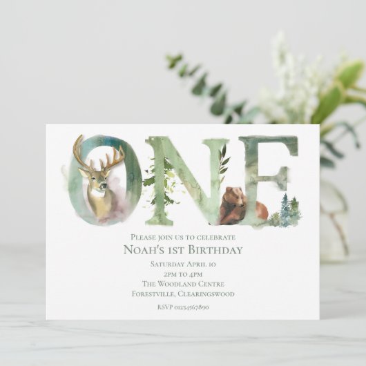 Woodland 1st Birthday Invitation Kaart (Staand voorkant)