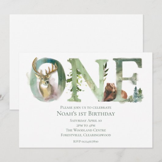 Woodland 1st Birthday Invitation Kaart (Voorkant / Achterkant)