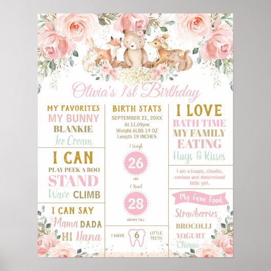 Woodland 1st Birthday Milestone Birth Stats Poster (Voorkant)