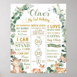 Woodland 1st Birthday Milestone Birth Stats Poster