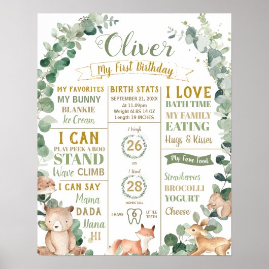 Woodland 1st Birthday Milestone Birth Stats Poster (Voorkant)