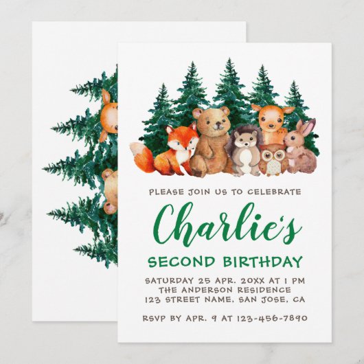 Woodland 2e verjaardag Forest Animals Green Script Kaart (Voorkant / Achterkant)