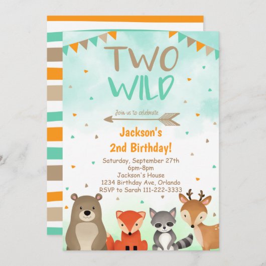 Woodland 2nd Birthday Invitation, Two Wild Invite Kaart (Voorkant / Achterkant)