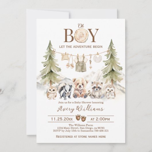 Woodland Adventure Oh Boy Baby shower Uitnodiging (Voorkant)