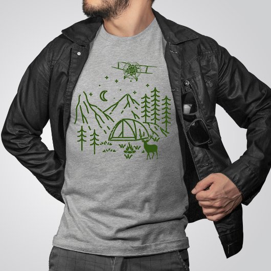 Woodland Airplane Mountain, Pine Tree, Retro, Rust T-shirt
