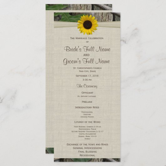 Woodland and Sunflower huwelijksprogramma Programmakaart (Voorkant / Achterkant)