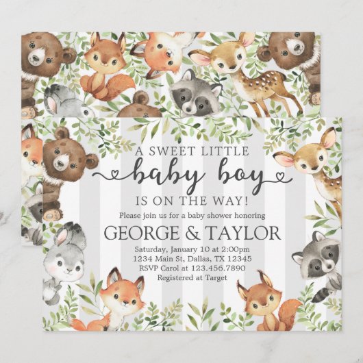 Woodland Animal Baby shower Invitation Invite Kaart (Voorkant / Achterkant)