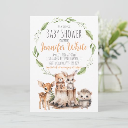 Woodland Animal Baby shower Invitation Kaart (Staand voorkant)