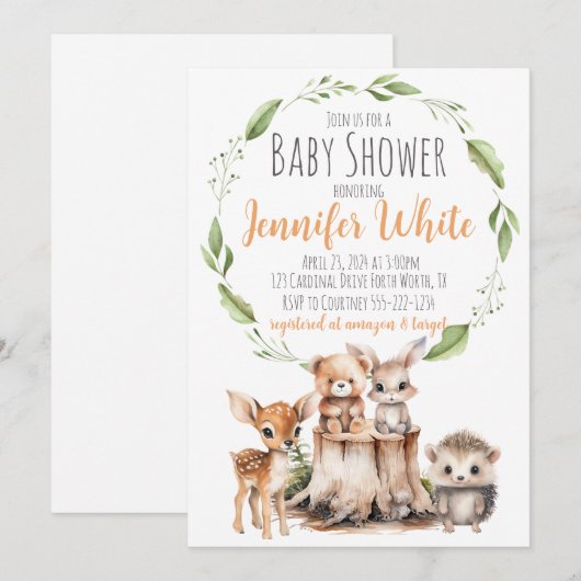 Woodland Animal Baby shower Invitation Kaart (Voorkant / Achterkant)