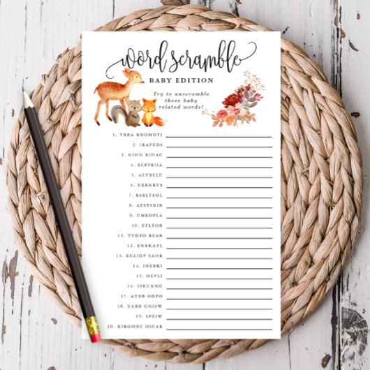 Woodland Animal Baby Word Scramble Paper Game Kaar Flyer