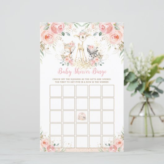 Woodland Animal Blush Floral Baby shower Bingo (Staand voorkant)