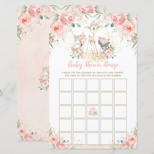 Woodland Animal Blush Floral Baby shower Bingo (Voorkant / Achterkant)