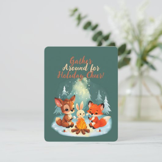 Woodland Animal Campfire Kerstscène Feestdagenkaart (Staand voorkant)