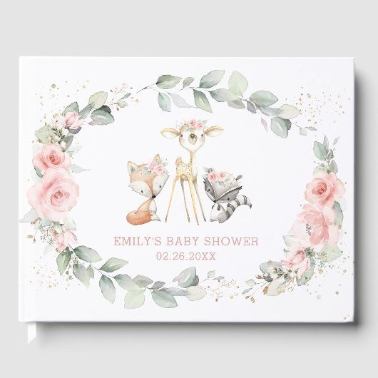 Woodland Animal Chic Blush Roze Bloemen Baby showe Gastenboek (Voorkant)
