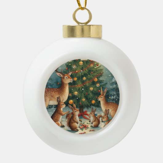 Woodland Animal Christmas Scene Keramische Bal Ornament (Voorkant)