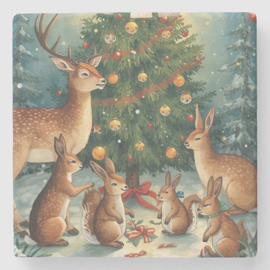 Woodland Animal Christmas Scene Stenen Onderzetter (Voorkant)